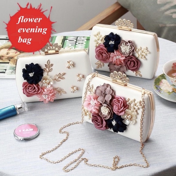 Pearls & Flower Evening Bag /Banquet Clutch/Wedding Purse - Picture 1 of 7